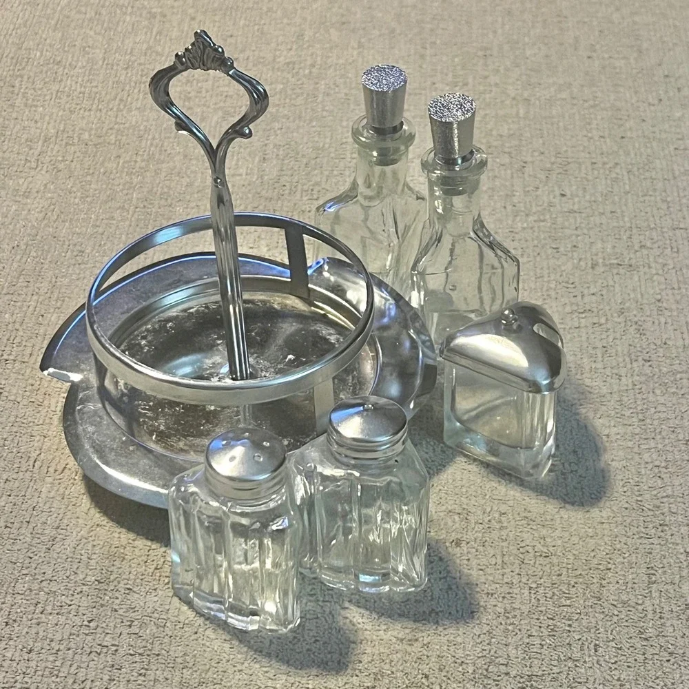 Vintage 5 Piece Glass Cruet Set with Metal Caddy Salt Pepper Oil Vinegar Mustard